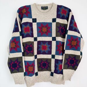 Charter Club Geometric Quilt Pattern Crewneck Sweater Wool Blend Women Small EUC
